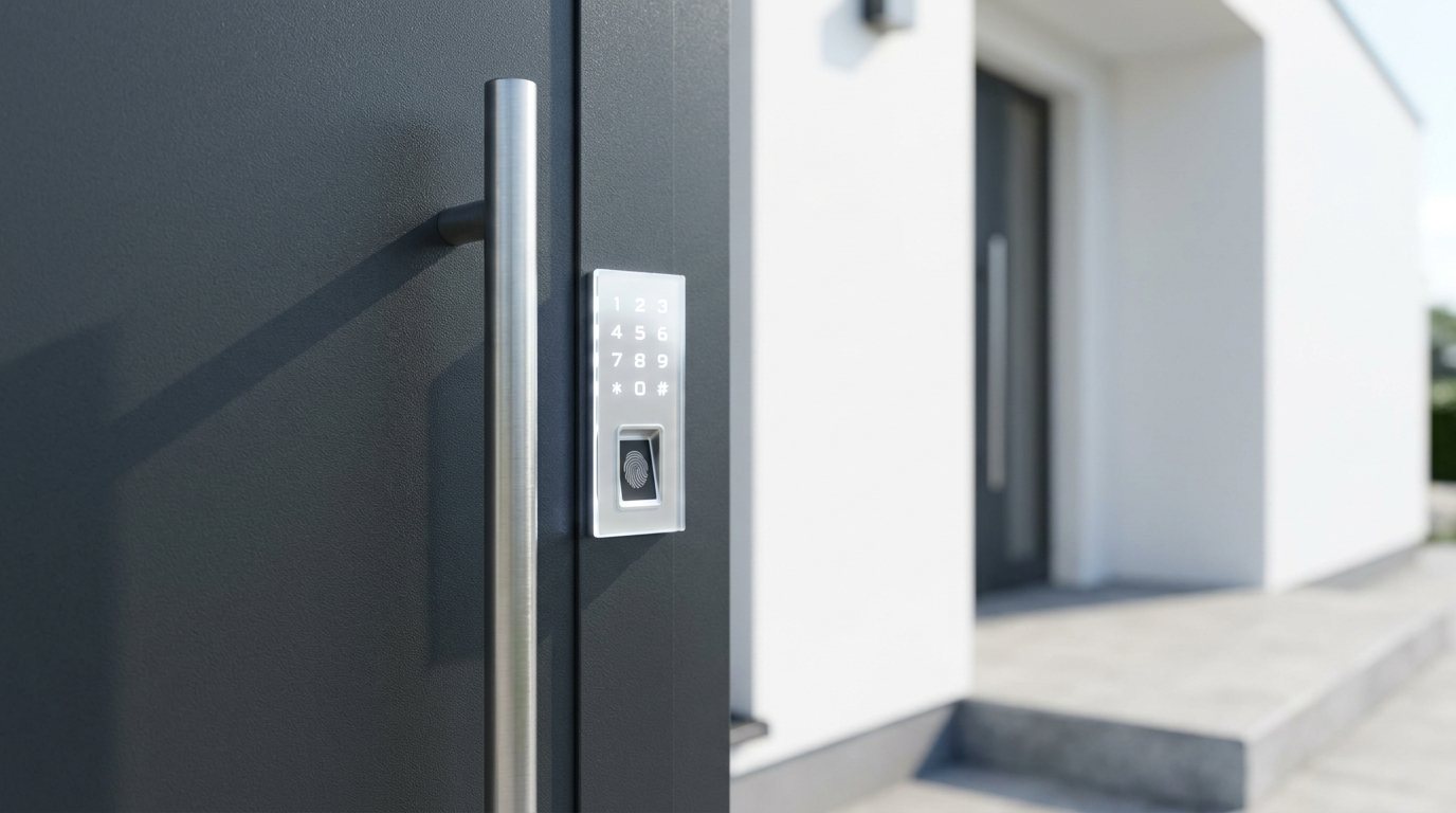 Drzwi wejściowe z pochwytem i podświetlaną klawiaturą kodową z czytnikiem linii papilarnych