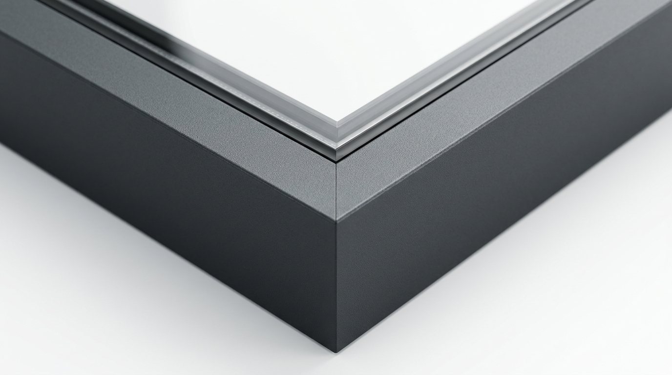 Makro narożnika smukłej antracytowej ramy aluminiowej z widocznym łączeniem na ucios