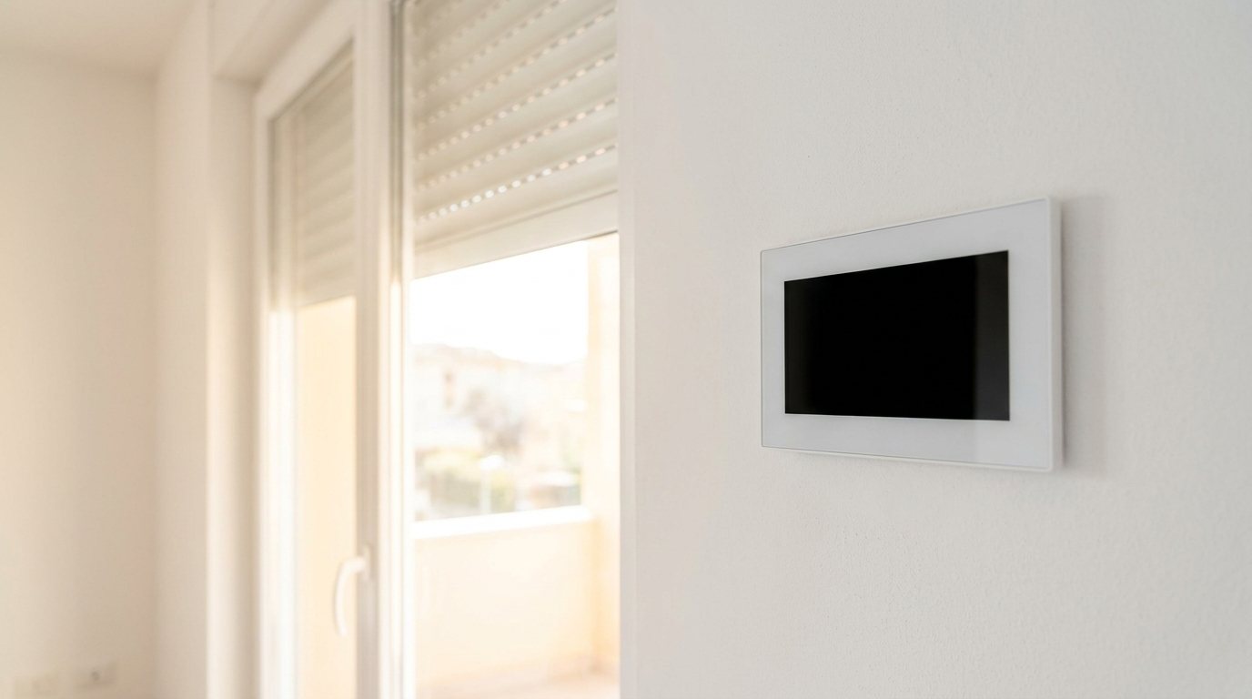 Panel sterowania smart home na ścianie obok okna z roletami
