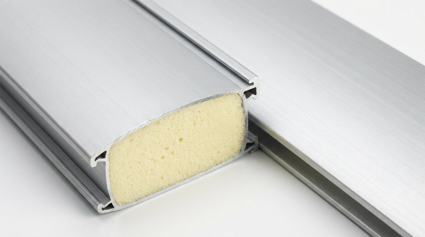 Przekrój profilu pancerza rolety: aluminiowa powłoka wypełniona sztywną pianką izolacyjną