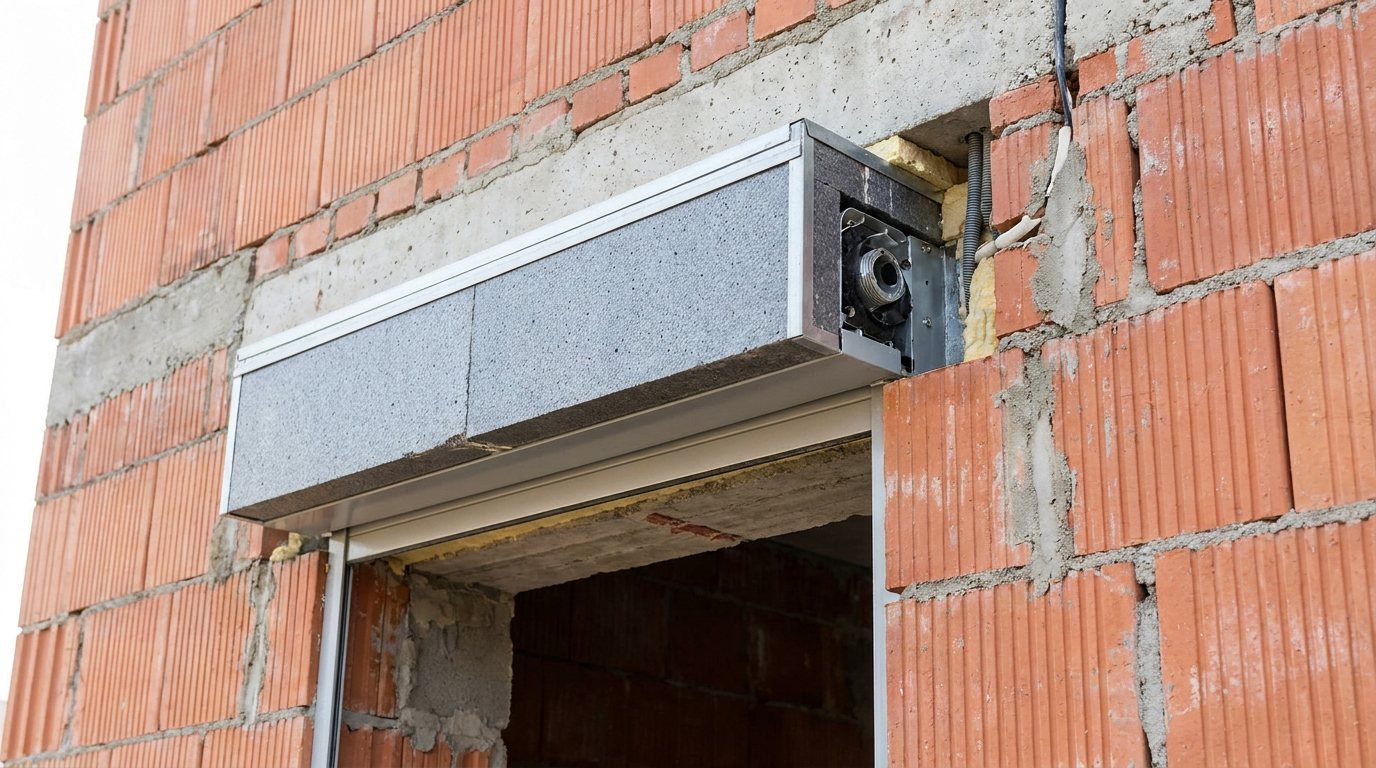 Skrzynka osłony wmurowana nad otworem okiennym na etapie stanu surowego