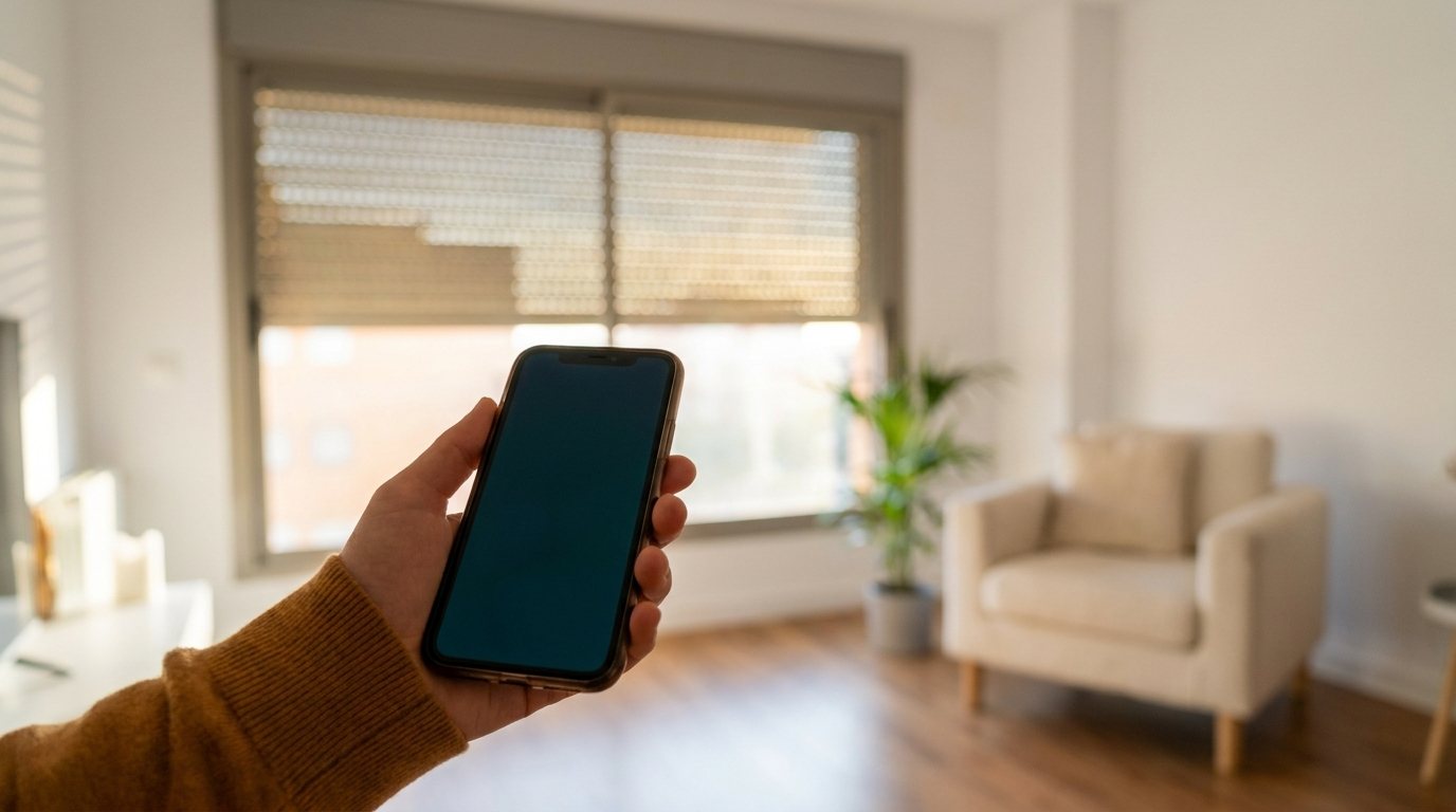 Sterowanie roletami z telefonu w jasnym wnętrzu