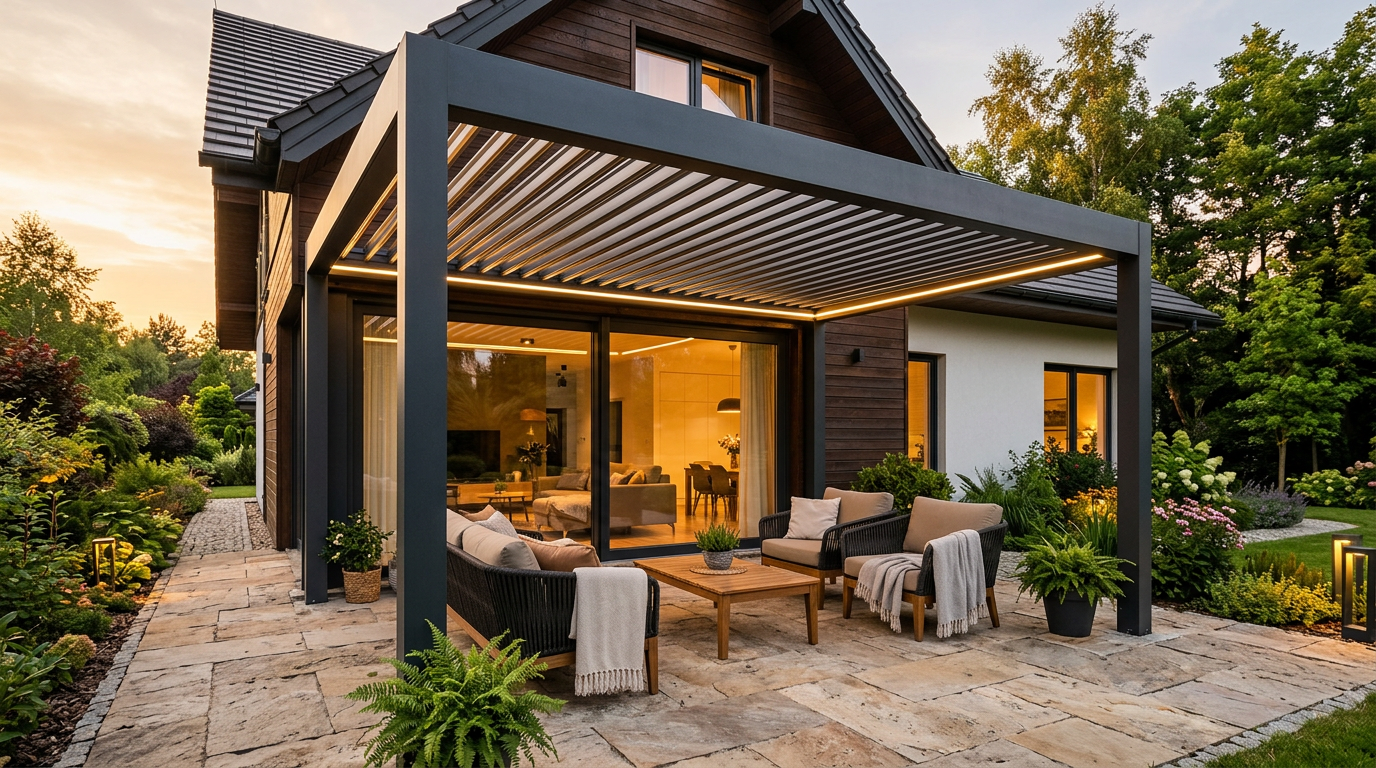 Nowoczesna pergola lamelowa nad tarasem domu jednorodzinnego