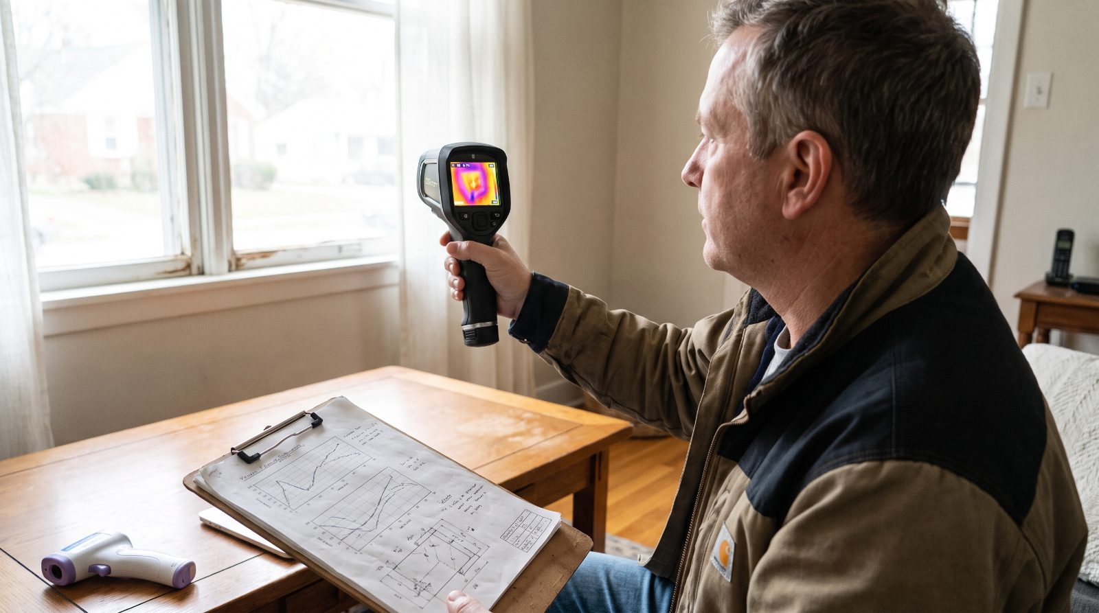 Audytor energetyczny bada okno kamerą termowizyjną